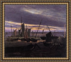 Evening Mood Framed Paintings - Boats in the Harbour at Evening by Caspar David Friedrich