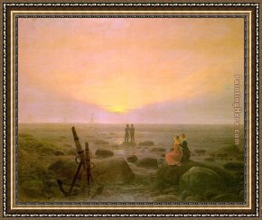 Puffins Over Sea Framed Paintings - Moon rising over Sea by Caspar David Friedrich