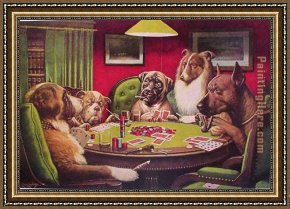 A Dog And Her Puppies Framed Paintings - Dogs Playing Poker by Cassius Marcellus Coolidge