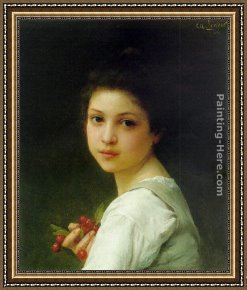 Portrait of a Young Benedictine Framed Paintings - Portrait of a young girl with cherries by Charles Amable Lenoir