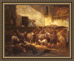 A Shepherdess with Her Flock Framed Paintings - A Flock Of Sheep In A Barn by Charles Emile Jacque