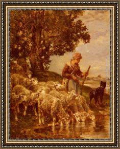 A Shepherdess with Her Flock Framed Paintings - A Shepherdess Watering Her Flock by Charles Emile Jacque