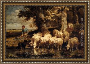A Shepherdess with Her Flock Framed Paintings - A Shepherdess With Her Flock by Charles Emile Jacque