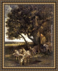 A Shepherdess with Her Flock Framed Paintings - A Shepherdess with Her Flock by a Pool by Charles Emile Jacque