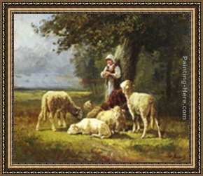 A Shepherdess with Her Flock Framed Paintings - A Shepherdess With Her Flock In A Woodland Clearing by Charles Emile Jacque