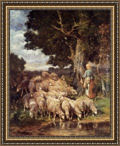 A Shepherdess with Her Flock Framed Paintings - A Shepherdess with her Flock near a Stream by Charles Emile Jacque