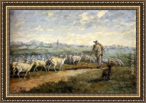 A Shepherdess with Her Flock Framed Paintings - Landscape with a Flock of Sheep by Charles Emile Jacque