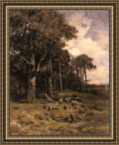 A Shepherdess with Her Flock Framed Paintings - Shepherdess Resting With Her Flock by Charles Emile Jacque