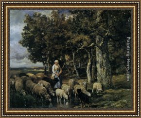 A Shepherdess with Her Flock Framed Paintings - Shepherdess watering flock by Charles Emile Jacque