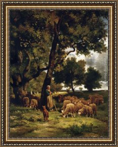 A Shepherdess with Her Flock Framed Paintings - The shepherdess and her flock by Charles Emile Jacque