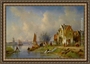 Landscape with Figure Framed Paintings - A summer landscape with figures on a riverbank by Charles Henri Joseph Leickert