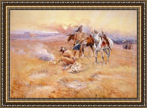 The Buffalo Trail Framed Paintings - Blackfeet Burning Crow Buffalo Range by Charles Marion Russell