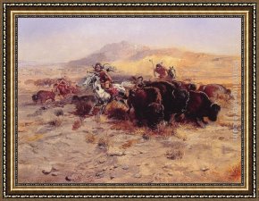 The Buffalo Trail Framed Paintings - Buffalo Hunt by Charles Marion Russell