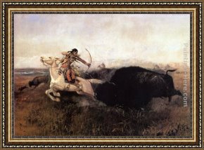 The Buffalo Trail Framed Paintings - Indians Hunting Buffalo by Charles Marion Russell