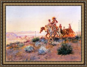 The Buffalo Trail Framed Paintings - Mexican Buffalo Hunters by Charles Marion Russell