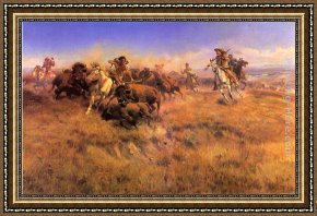 The Buffalo Trail Framed Paintings - Running Buffalo by Charles Marion Russell
