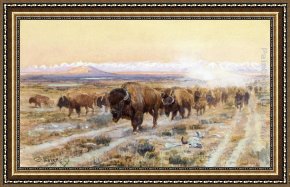 The Buffalo Trail Framed Paintings - The Bison Trail by Charles Marion Russell