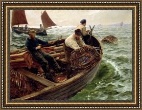 Land 8 Framed Paintings - Lands End Crabbers by Charles Napier Hemy