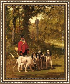 The Buffalo Trail Framed Paintings - A Huntmaster with his Dogs on a Forest Trail by Charles Olivier De Penne