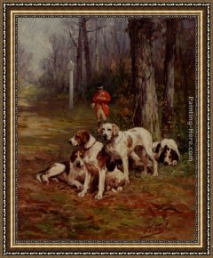 A Dog And Her Puppies Framed Paintings - Hunting Dogs At Rest by Charles Olivier De Penne