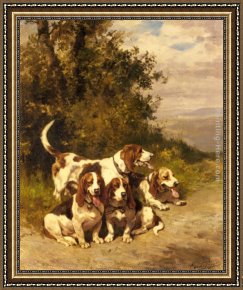 A Dog And Her Puppies Framed Paintings - Hunting Dogs on a Forest Path by Charles Olivier De Penne