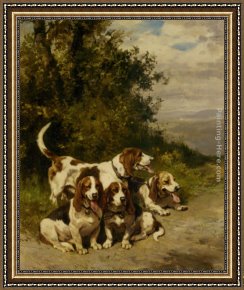 A Dog And Her Puppies Framed Paintings - Hunting with Dogs on a Forest Path by Charles Olivier De Penne