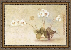 Orchid Framed Paintings - Orchids in a Chinese Bowl by Cheri Blum