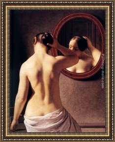 Old Woman at The Mirror Framed Paintings - Woman Standing In Front Of A Mirror by Christoffer Wilhelm Eckersberg