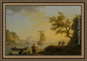 Landscape with Figure Framed Paintings - An Extensive Coastal Landscape with Fishermen Unloading their Boats and Figures Conversing in the Foreground by Claude-Joseph Vernet
