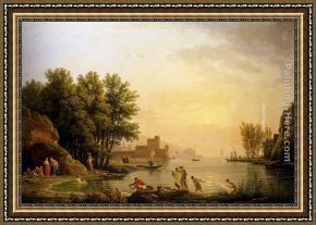 Bathers Framed Paintings - Landscape With Bathers by Claude-Joseph Vernet