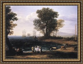 Scene Framed Paintings - Coast Scene with the Rape of Europa by Claude Lorrain