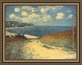 Les Moissonneurs 1888 Framed Paintings - Chemin dans les Bles a Pourville by Claude Monet