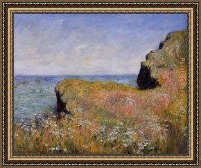 Cliffs Framed Paintings - Edge of the Cliff at Pourville by Claude Monet