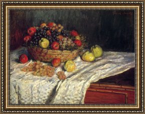 Four Children with a Basket of Fruit Framed Paintings - Fruit Basket with Apples and Grapes by Claude Monet