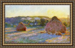 Evening Mood Framed Paintings - Grainstacks At The End Of Summer Evening Effect by Claude Monet