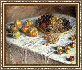 Life Framed Paintings - Still Life Apples And Grapes by Claude Monet
