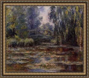 Quiet Pond Framed Paintings - The Water-Lily Pond and Bridge by Claude Monet