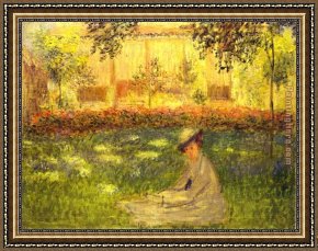 Irises in Monet's Garden Framed Paintings - Woman Sitting in a Garden by Claude Monet