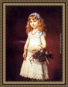 Young Girl Defending Herself Against Cupid Framed Paintings - A Young Girl With A Basket Of Flowers by Conrad Freyberg