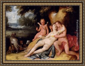 Cupid Framed Paintings - Venis And Adonis With Cupid In A Landscape by Cornelis Cornelisz