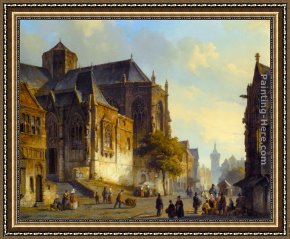 Town Square Framed Paintings - Figures on a Market Square in a Dutch Town by Cornelis Springer