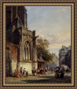 Town Square Framed Paintings - Town Square Before A Church A Capriccio by Cornelis Springer