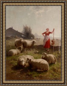 A Shepherdess with Her Flock Framed Paintings - A Shepherdess And Her Flock by Cornelis van Leemputten