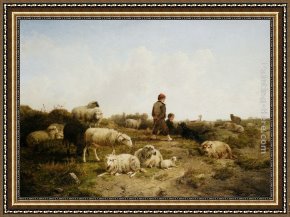 A Shepherdess with Her Flock Framed Paintings - Shepherd Boys With Their Flock by Cornelis van Leemputten