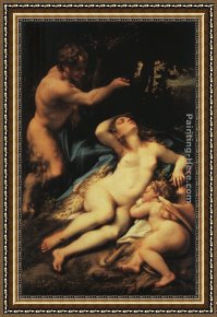 Cupid Framed Paintings - Venus and Cupid with a Satyr by Correggio
