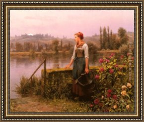 Tahitian Woman Near a River Framed Paintings - A Woman with a Watering Can by the River by Daniel Ridgway Knight
