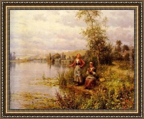 An Afternoon Ride Framed Paintings - Country Women Fishing on a Summer Afternoon by Daniel Ridgway Knight