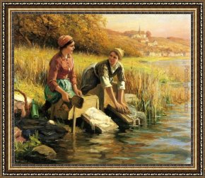 St Augustine Washing The Feet of Christ Framed Paintings - Women Washing Clothes by a Stream by Daniel Ridgway Knight