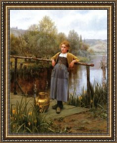Cottage Stream Framed Paintings - Young Girl by a Stream by Daniel Ridgway Knight