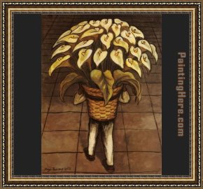Calla-green Framed Paintings - Man Carrying Calla Lilies by Diego Rivera